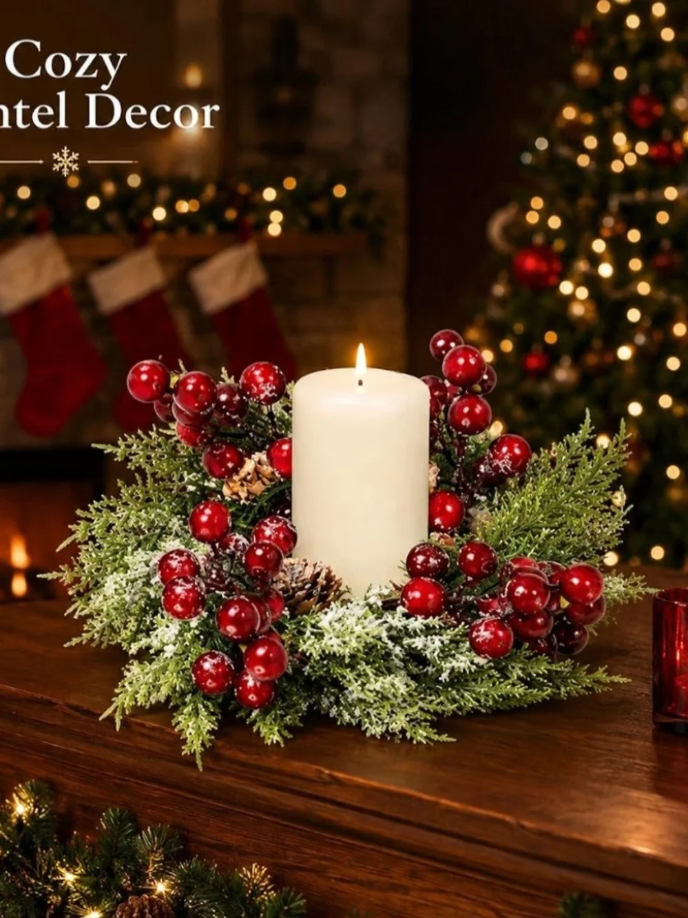 Cozy Holiday Candle Centerpiece with Red Berries. 4 Piece Set. NEW.